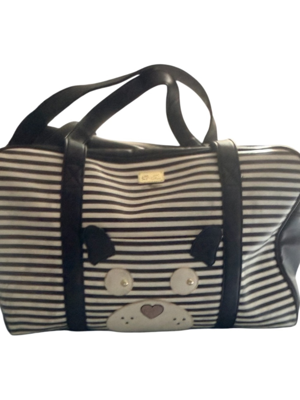 Betsey Johnson Black & White Striped Dog Face Travel Satchel